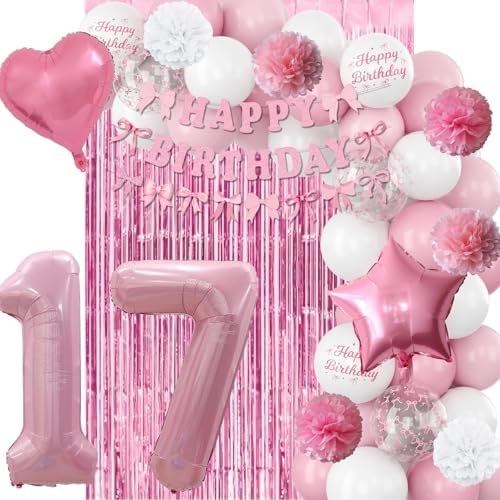 17th Birthday Decorations Girls Pink Number 17 Balloon Bow Coquette Party - Image 4