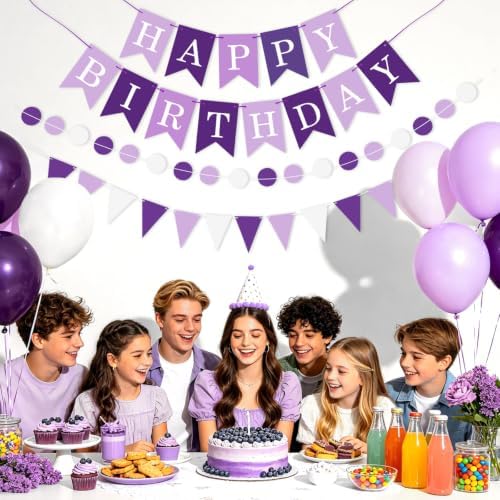 Purple Happy Birthday Banner Hanging Sign Circle Dot Triangle Bunting - Image 5