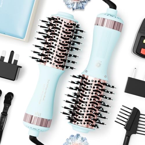 Travel Dual Voltage Hair Dryer Brush 4-in-1 Portable Mini Hot Air Blow Dryer Straightener & Curler Brush, Titanium Round Blowout Styler Volumizer Tools, 110/240V US/EU/UK -Baby Blue & Rose Gold by MayAllDreamsRealizedEndingMisfortuneInAuspicious