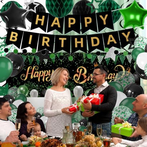 Green Black Birthday Decorations, Happy Birthday Banner, Backdrop, Balloons, Honeycomb Balls, Star Foil Balloons, Stars Hanging Swirls & Cake Topper for Baby Boys Girl Men Women Birthday Decoration - Image 4