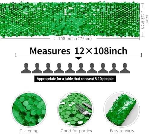 Pufogu 12 x 108 Inch Sequin Table Runner,Grass Green Glitter Premium Big Sequin Table Runner, Rectangle Table Runners for Halloween, Christmas, Wedding Party, Birthday Party, Banquet Decor (1 Pack). - Image 4