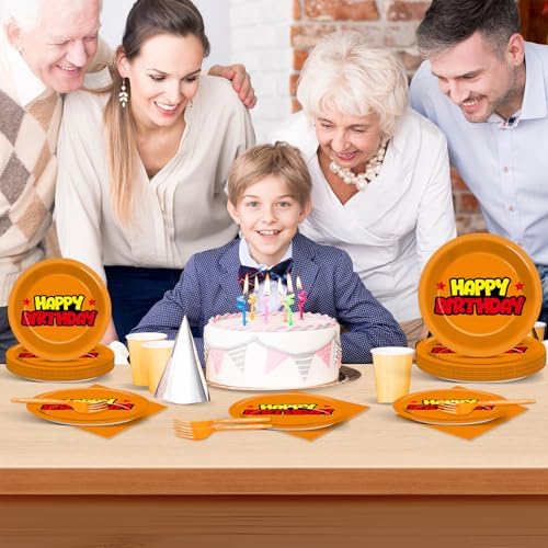 96pcs Anime Theme Birthday Paper Plates and Napkins Cartoon Anime Party Supplies Orange And Red Stars Disposable Dinnerware Tableware Set for Kids Birthday Baby Shower Decoration Serve 24 - Image 6