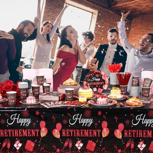Funnymoom 452 Pcs Retirement Party Decorations Supplies Set Include Red Black Retirement Paper Plates Napkins Cups Tablecloth Cutlery Straws for Men Women Say Goodbye Party - Image 5