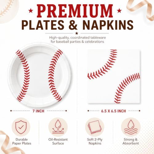 50 Pcs Baseball Plates and Napkins, 7 Inch Baseball Birthday Party Set - Image 2