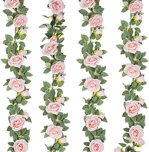 TELDRASSIL 4Pcs(26 FT) Artificial Rose Vine Fake Flower Garland Fake Silk Rose Hanging Vine for Wedding Party Background Arch Garden Background Decoration (Pink) by Teldrassil