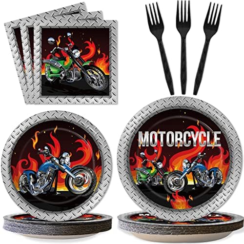 Wiooffen 96pcs Motorcycle Party Decorations Motorcycle Paper Plates Napkins Birthday Disposable Cake Dessert Tableware Set Motocross Biker Theme Party Supplies Baby Shower Decorations Favors Serve 24 by Wiooffen
