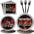 Wiooffen 96pcs Motorcycle Party Decorations Motorcycle Paper Plates Napkins Birthday Disposable Cake Dessert Tableware Set Motocross Biker Theme Party Supplies Baby Shower Decorations Favors Serve 24 by Wiooffen