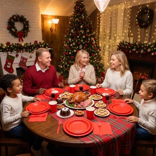 Red Paper Plates and Napkins Party Supplies, 9’’Disposable Red Plates, 7’’Dessert Plate and Cups and Napkins Forks Set for Christmas, New Years, Valentines Days, Birthdays, Graduations, Serves 25 - Image 5