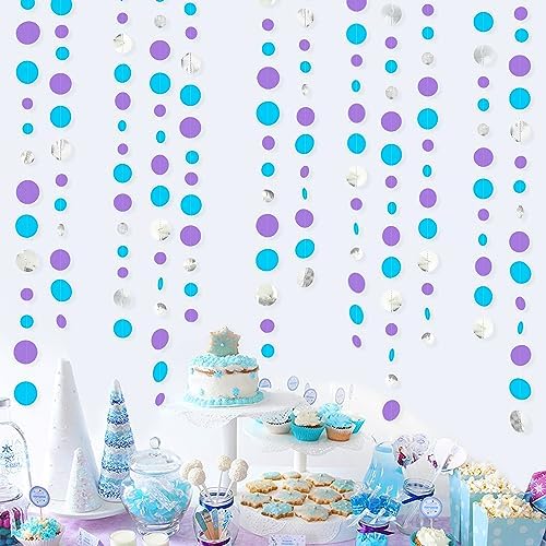 46 Ft Frozen Party Decorations Purple Blue Silver Polka Dots Garlands Hanging Paper Circle Dots Streamer for Frozen Birthday Winter Wonderland Christmas Holiday Wedding Shower Party Supplies - Image 2