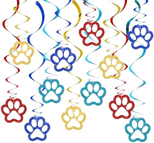 BEISHIDA 12 Pcs Pre-Strung Dog Hanging Swirl Decorations, Dog Birthday Themed Party Decoratios, Colorful Paw for Kids Boys Pet Birthday Party Baby Shower Supplies Decor by Beishida