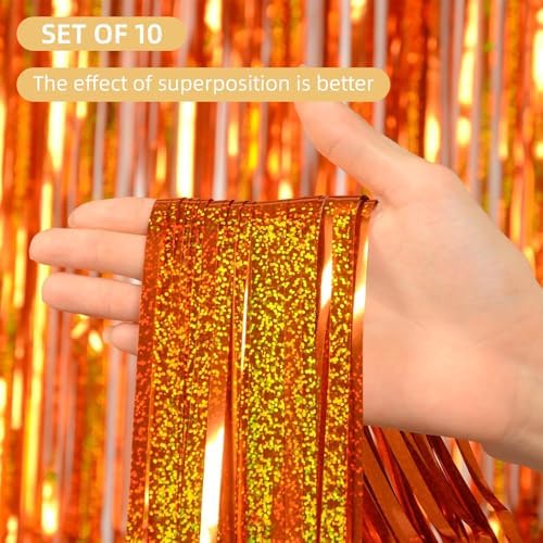 10 Pack Orange Backdrop Curtain 3.2ft x 8.2ft Metallic Tinsel Foil Fringe Curtains Photo Booth Background for Birthday Party Decoration Baby Shower Engagement Wedding Christmas Decoration - Image 2