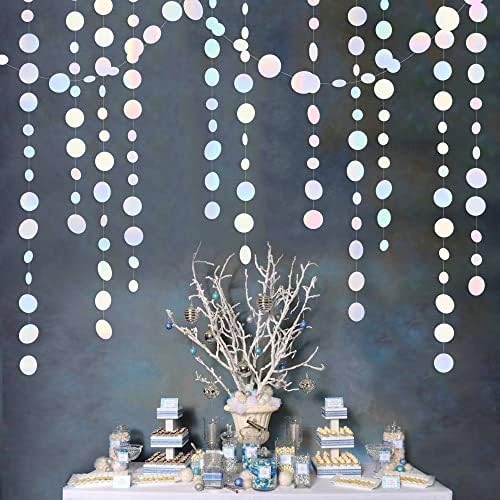 46 Ft White Iridescent Circle Dots Garland Hanging Holographic Polka Dots Streamer for Birthday Bachelorette Engagement Wedding Bridal Shower Galaxy Pastel Winter Christmas Party Decorations Supplies - Image 3