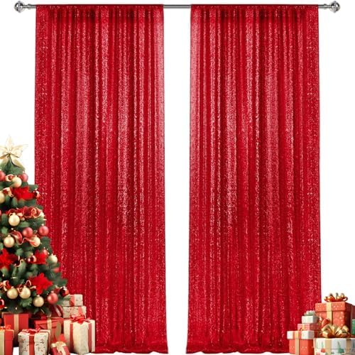 2×8FT-2PCS Red Sequin Backdrop Curtains Panels, Photography Backdrop Glitter Curtains Fabric Background for Christmas Wedding Party Decor by Pufogu