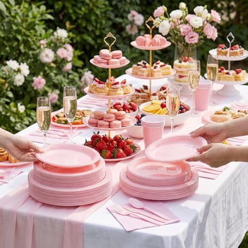 MirthMood 350pcs Pink Plates Disposable,Pink Plastic Plates for Party - Image 4