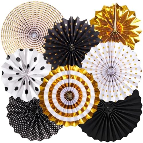 Black and Gold Decorations, Hanging Honeycomb Paper Pompoms Fan for Graduation Birthday Wedding Photo Backdrop Prom Night New Years Black and Gold Party Decorations, Set of 8 by SUNBEAUTY