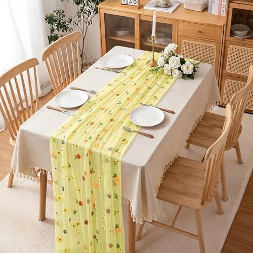 BINBE 3pcs Daisy Spring Table Runner Embroidery Gauze 10FT Florals Seasonal Tulle Holiday Birthday Kitchen Dining Table Decor for Home Party Yellow - Image 4