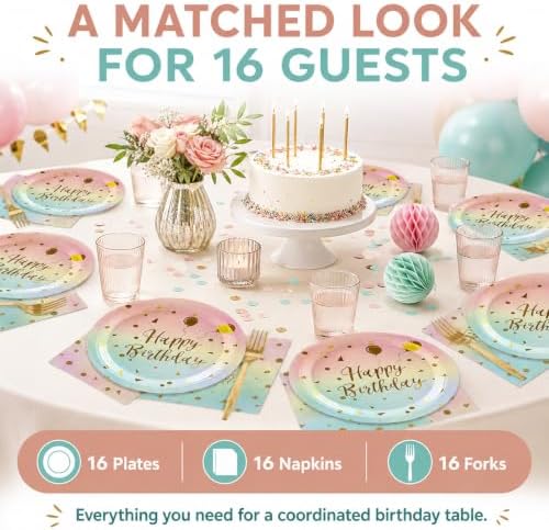 48PCS Happy Birthday Plates and Napkins Party Supplies, Colorful and Gold Disposable Paper Plates and Napkins with Forks Tableware Set for Birthday Party Decorations 16 Guests (Colorful) - Image 4