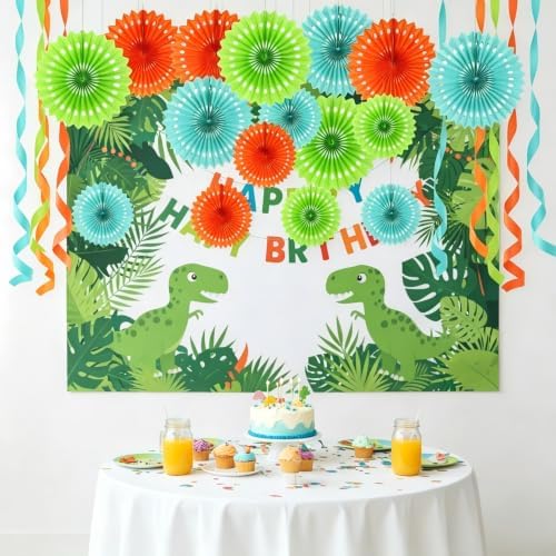 CC wonderland zone 12PCS Fruit Green Orange and Pastel Blue Paper Fans Party Decorations,Hanging Ceiling Honeycomb Round Tissue Paper Fans for Dinosaur Birthday Party Decoration - Image 2
