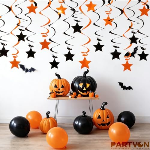 Orange Black Hanging Swirl Decorations - 32 Pcs Metallic Ceiling Swirls with Foil Stars, Plastic Streamers for Graduation, Halloween, Thanksgiving, Fall Autumn, Birthday, Sports Party Supplies - Image 6