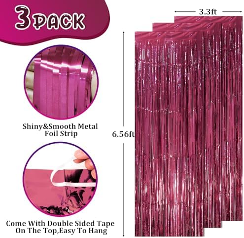 Voircoloria Burgundy Foil Fringe Backdrop Curtains, 3.3x8.2ft, 3 Pack - Image 2