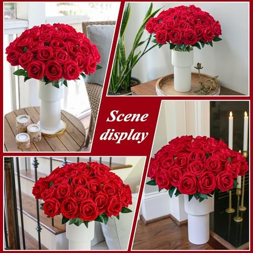 50 PCS Red Roses Artificial Flowers, Fake Roses with Stems Realistic Silk Roses for DIY Wedding Bouquets Tables Centerpieces Arrangements Baby Shower Birthday Home Decor Valentine's Day Gift for Her - Image 4
