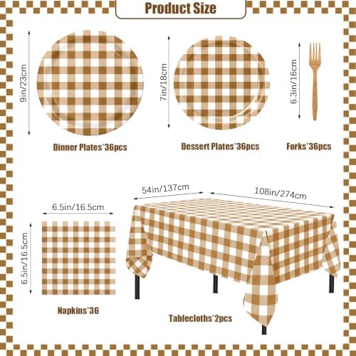 146PCS Brown Gingham Party Supplies Paper Plates and Napkins Serve 36 - Image 2