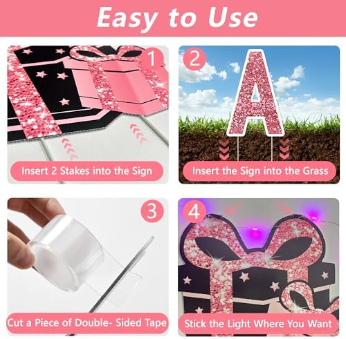 18 Pcs Happy Birthday Yard Sign with Stakes, Pink Happy Birthday Yard Sign with 49.2 Ft LED Light, 16 In Large Personalized Happy Birthday Sign, Waterproof Lawn Garden Birthday Party Decorations - Image 5