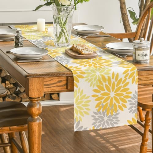 Artoid Mode Yellow Dahlia Floral Pinnata Summer Table Runner, Seasonal Spring Holiday Kitchen Dining Table Decoration for Home Party Decor 13x36 Inch - Image 4