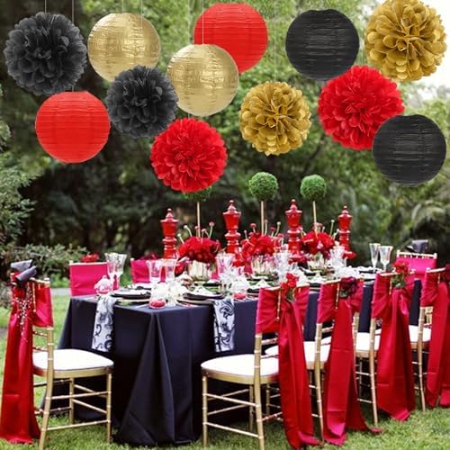 Red-Black Gold Party-Decorations Paper Flowers Lanterns - 15PCS Casino Theme Halloween Tissue Pom Poms Streamers,Game Night Women Men Birthday Wedding Bachelorette Hanging Supplies Decor Hugfond - Image 4