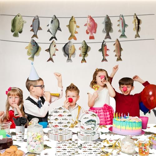 170PCS Fishing Birthday Party Decorations Gone Fishing Party Decorations Include Plates, Cups, Cutlery, Banner, Tablecloth for Ofishally One Birthday Decorations - Image 6