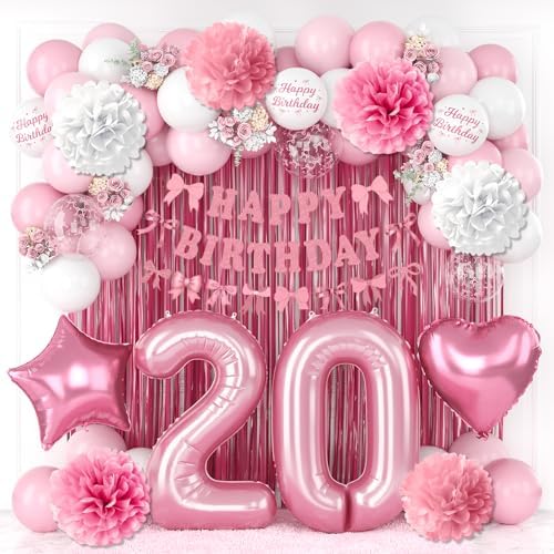 20th Birthday Decorations Girls Pink Number 20 Balloon Bow Coquette Party by KAINSY