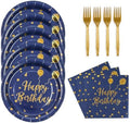 48PCS Happy Birthday Plates and Napkins Party Supplies, Blue and Gold Disposable Paper Plates and Napkins with Forks Tableware Set for Birthday Party Decorations 16 Guests by KFJBPB