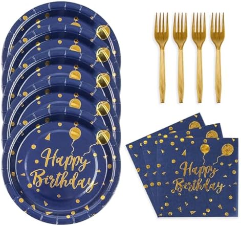 48PCS Happy Birthday Plates and Napkins Party Supplies, Blue and Gold Disposable Paper Plates and Napkins with Forks Tableware Set for Birthday Party Decorations 16 Guests by KFJBPB