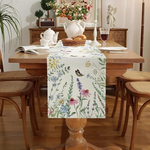 ONFAON Spring Decorations for Home,Daisy Eucalyptus Lavender Floral Leaves Summer Table Runner,Seasonal Spring Kitchen Dining Table Decoration for Home Party Decor 13x72 Inch - Image 5