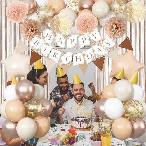 Beige Brown Birthday Decorations for Women, Gold Neutral Cream Sand White Party Balloon Kit with Boho Happy Birthday Banner Fringe Curtain Background Pom Pom Cake Topper for Boy Girl Men Bday Supplies - Image 5