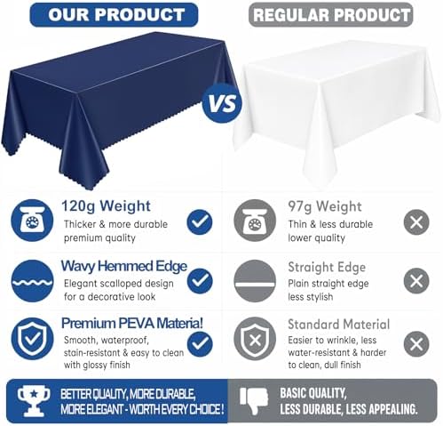 NatNarr 3 Pcs Navy Blue Plastic Tablecloths, Scalloped Blue Table Cloth - Image 4