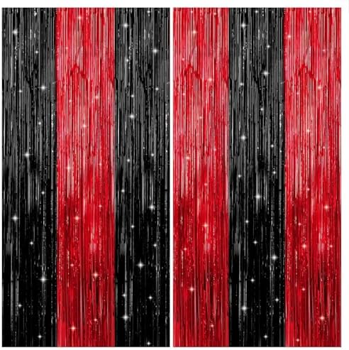 KatchOn Red and Black Fringe Curtain-3.2x8 Feet Pcs 2 Halloween Decorations by KatchOn