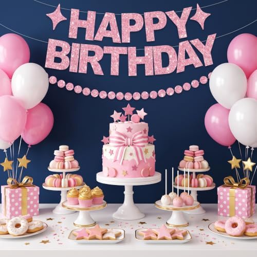 BEISHIDA Pre-Strung Glitter Pink Happy Birthday Banner Party Decoration - Image 5