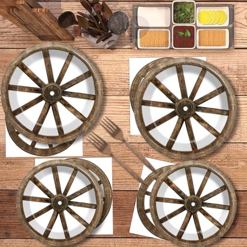 96Pcs Western Cowboy Party Paper Plates and Napkins for Western Party Supplies Wooden Wagon Wheels Themed Paper Dessert Plates Tableware Set for Kids Boys 24 Guests Birthday Party Decoration - Image 4