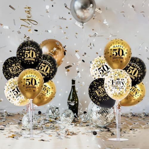 TONIFUL 4 Set Black Gold 50 Printed Balloon Stands for 50th Birthday Decor - Image 5