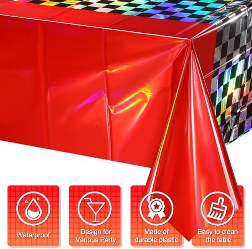 3Pack Iridescent Race Car Plastic Tablecloth, Disposable Shiny Laser Red and Black Checkered Table Cloth, Holographic Foil Rectangle Tablecloth for Race Car Boys Birthday Party Decorations, 54x108Inch - Image 3
