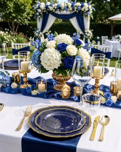 Hioasis 175 Pcs Blue Gold Plastic Plates Wedding & Party - Image 2