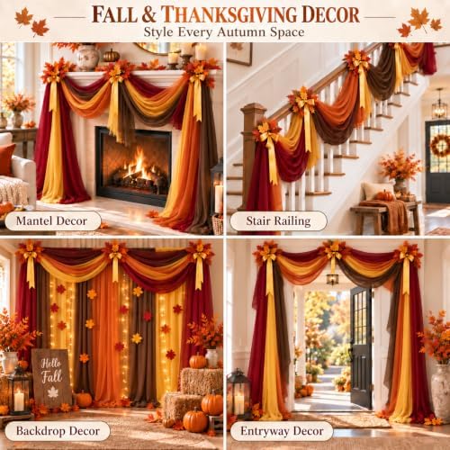 Cinrobiye Fall Table Decorations Set with 8 Pcs Colorful Chiffon Table Runners Artificial Maple Leaves Decorative Ribbon for Thanksgiving Autumn Harvest Wedding Party Home Seasonal Decor - Image 7