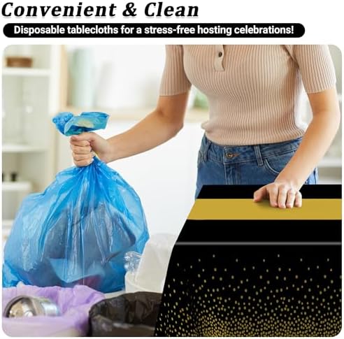 QZYL 12Pack Plastic Table Cloth Disposable, 54" x 108" Waterproof Black Table Cloths with Gold Dots, Outdoor Tablecloth for Rectangle, Table Cloth Cover for New Years Eve Decorations Holiday Birthday - Image 5