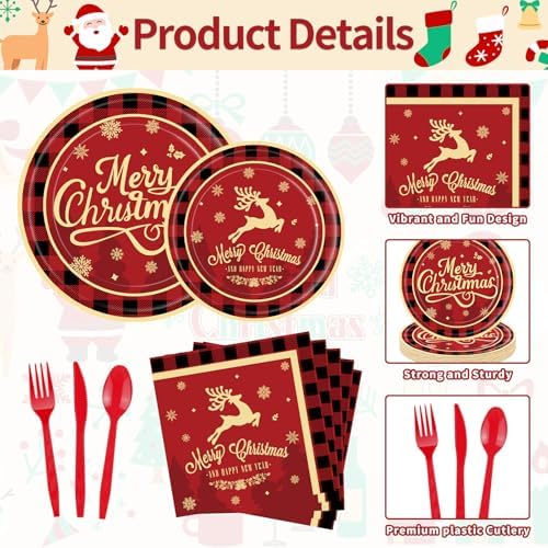 175 Pcs Merry Christmas Party Supplies Set - Serves 25, Festive Red and Black Plaid Disposable Tableware, Includes Paper Plates, Cups, Napkins, Forks, Spoons, Knives for Xmas Holiday Celebrations - Image 3