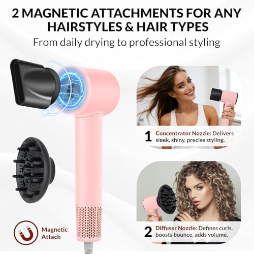 High Speed Ionic Hair Dryer with Diffuser – 160,000 RPM Brushless Motor for Fast Drying, Lightweight Travel Blow Dryer with Concentrator Nozzle for Women Men, Pink - Image 4