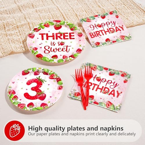 Grencian 96Pcs Strawberry 3rd Birthday Party Supplies Serves 24 - Image 3