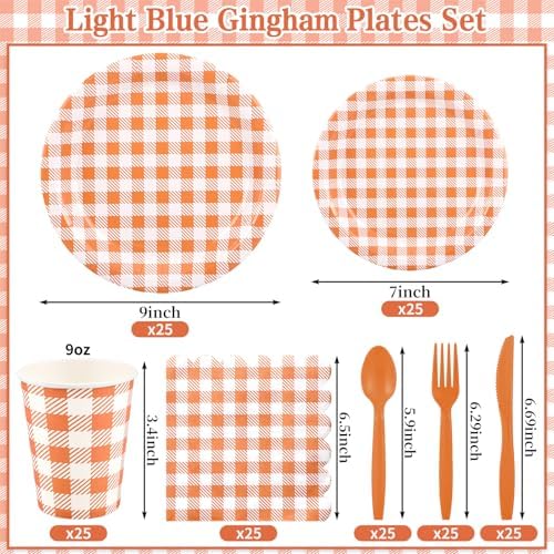 NatNarr 175 Pcs Orange Gingham Party Supplies Set For 25 Guests - Image 2