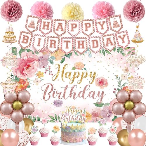 Holkcog Flower Birthday Party Decorations for Girl, Pink Flower Party by Holkcog