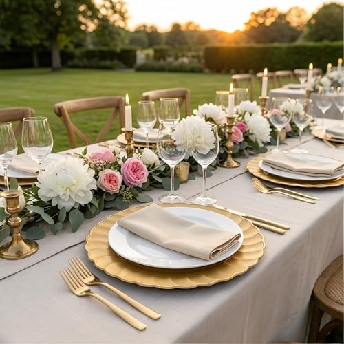 13 Inch Gold Scalloped Charger Plates with Gold Rim (Set of 6), Round Wave Plastic Serving Plates for Weddings, Bridal Showers, Birthday Parties, Catering & Table Decorations - Image 4